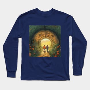 Tunnel of Love, Ukraine cartoon illustration. Back view of happy couple holding hands Long Sleeve T-Shirt